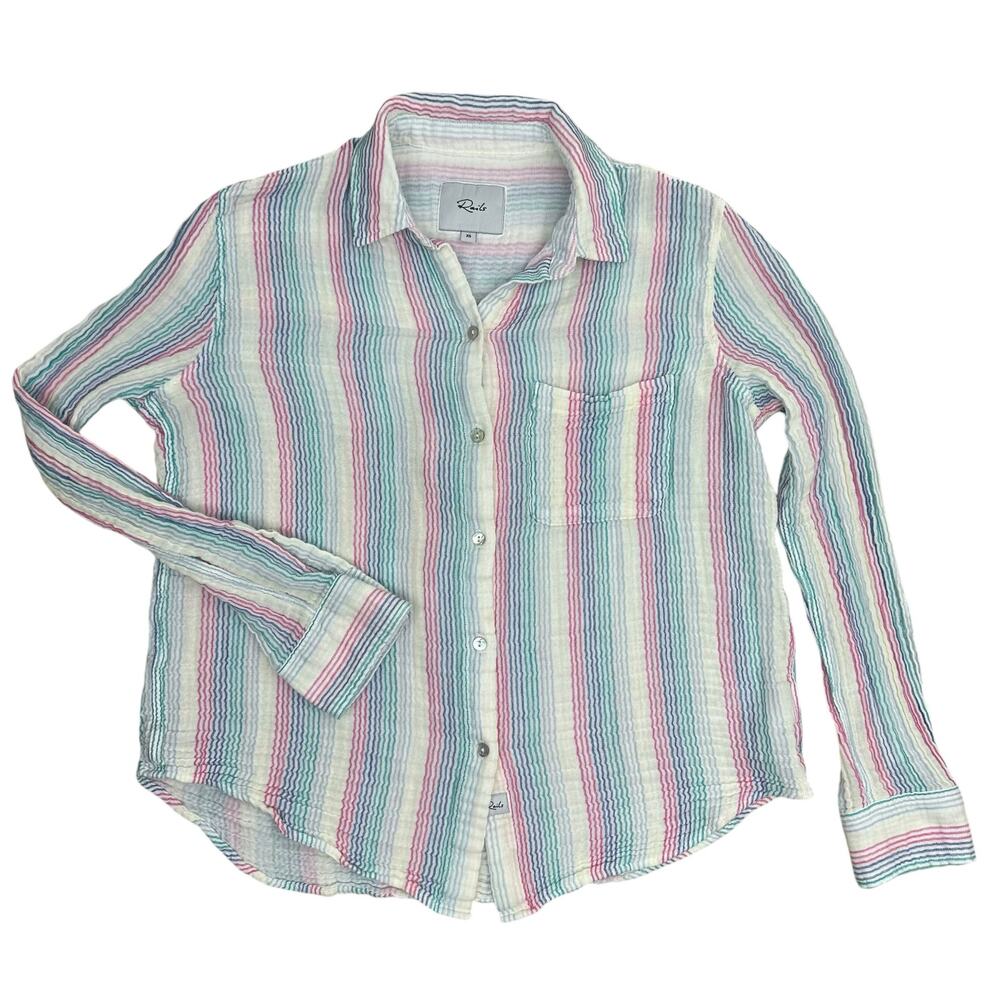 Rails Ellis Button Down Shirt Iris Stripe Size XS Rainbow Lightweight Pastel - Picture 4 of 16